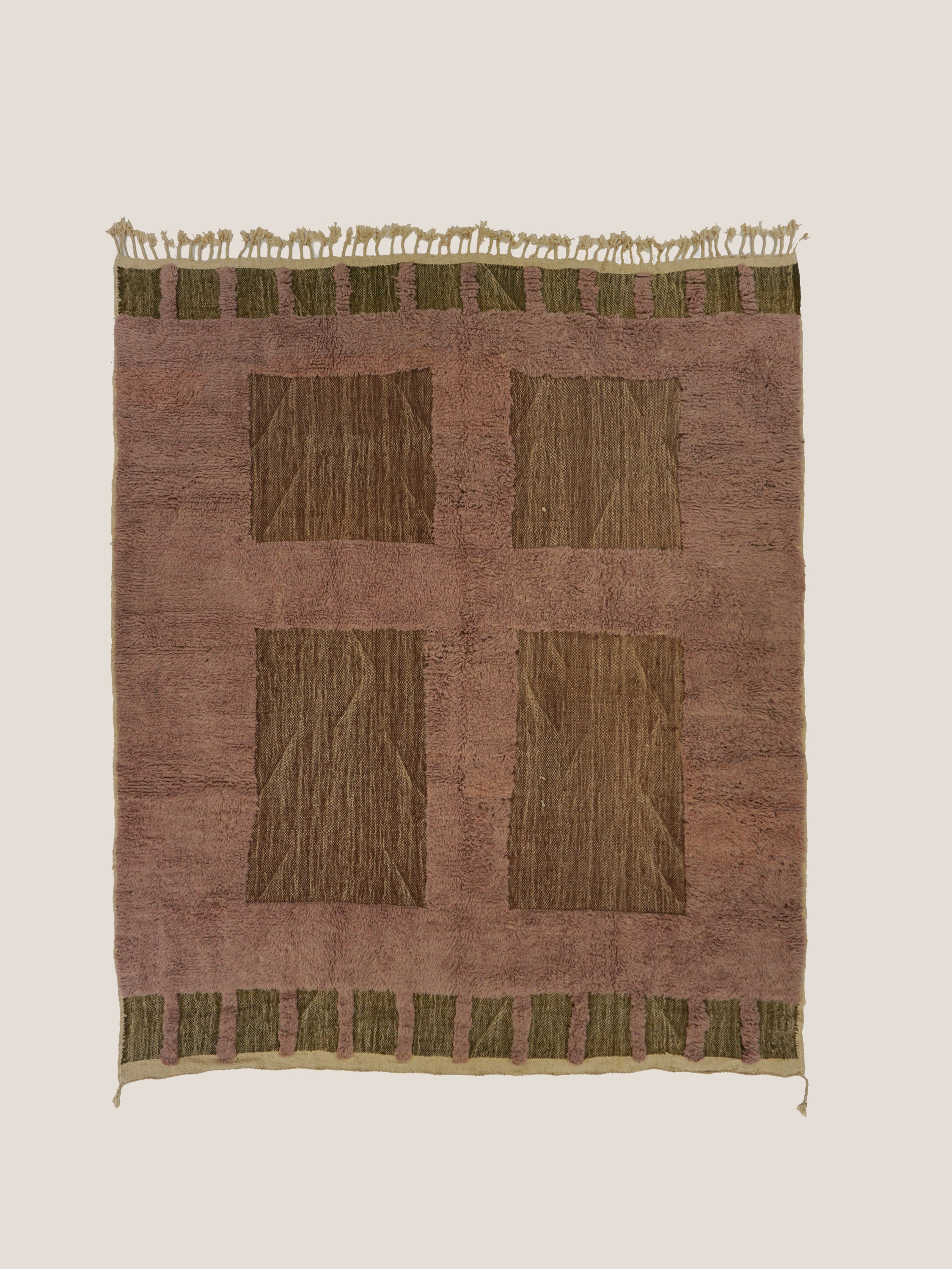 Moroccan hand-knotted rug with olive and clay geometric blocks – artisan craftsmanship by Home on Center