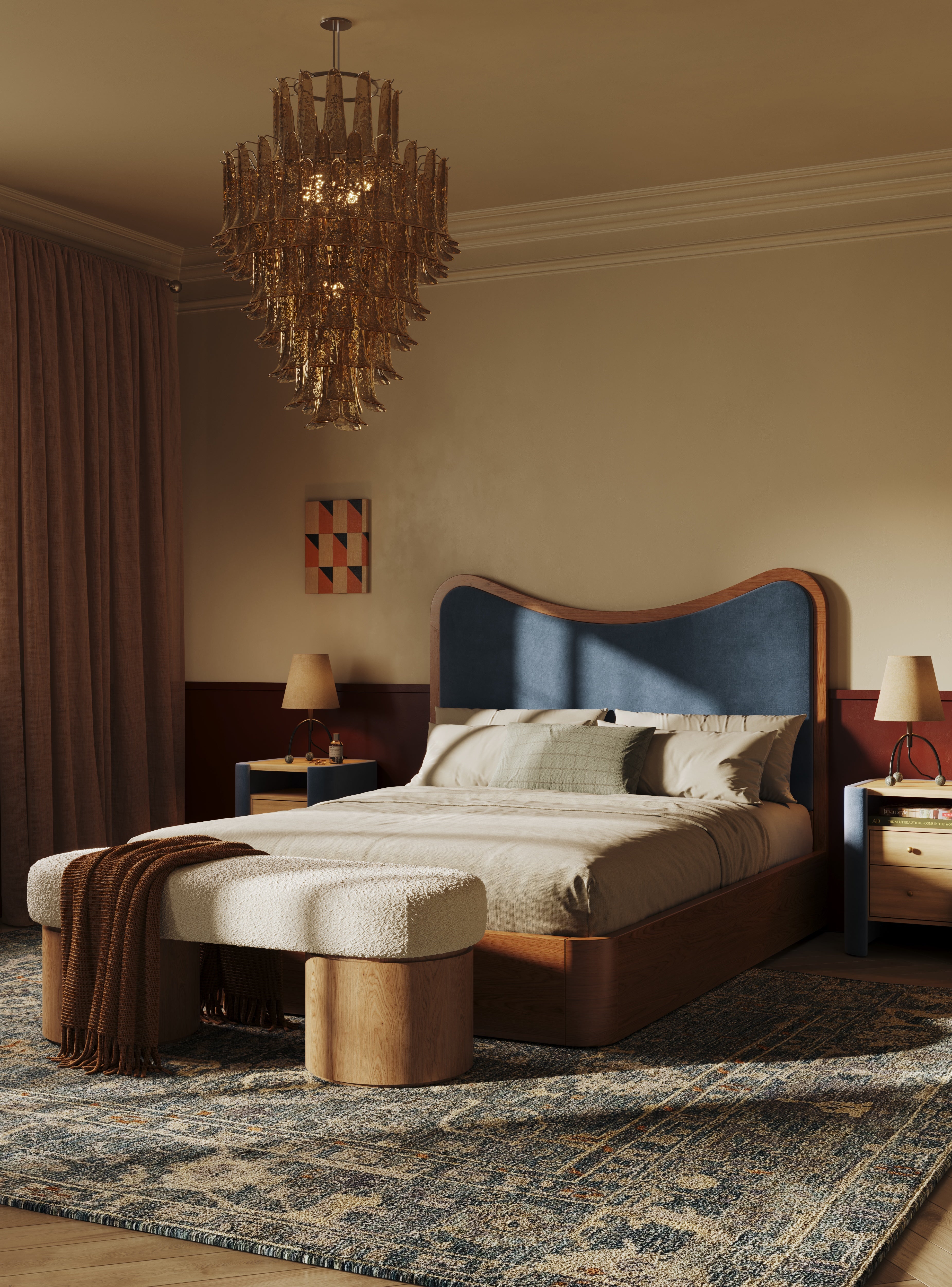 Arguello Bed with oak headboard and velvet upholstery – timeless design by Home on Center