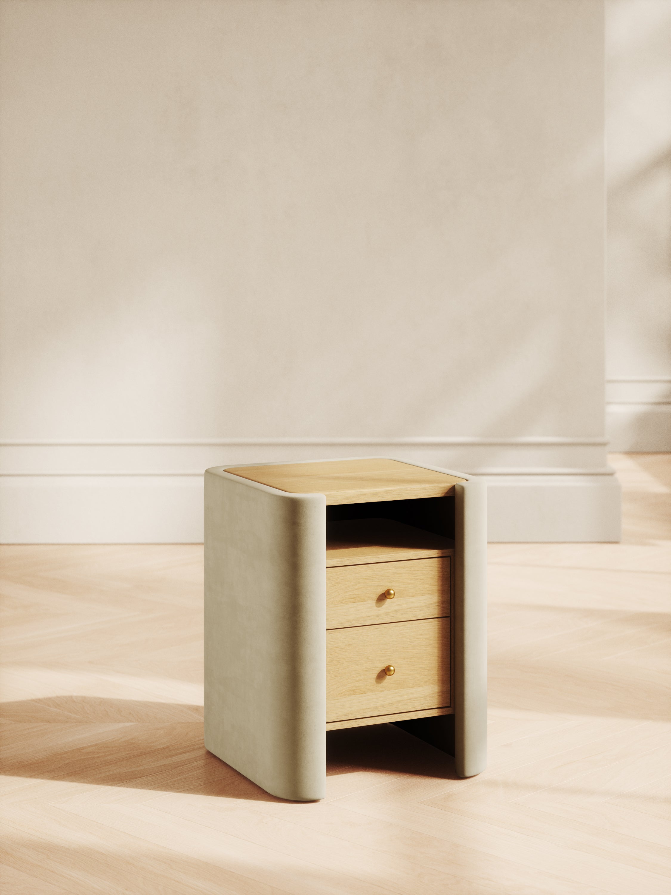 Modern wood nightstand with rounded edges and brass-accented drawers by Home on Center