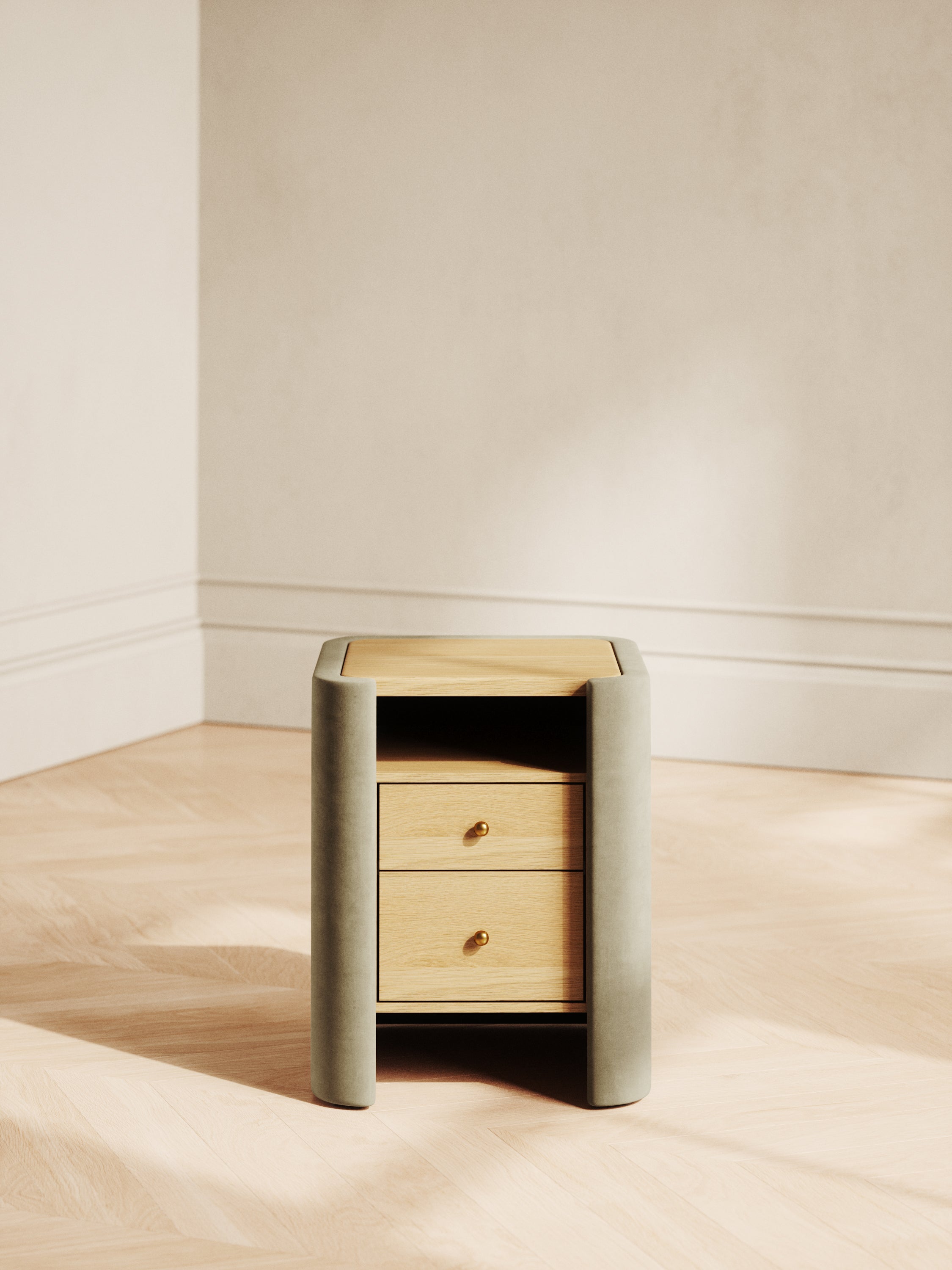 Modern wood nightstand with rounded edges and brass-accented drawers by Home on Center