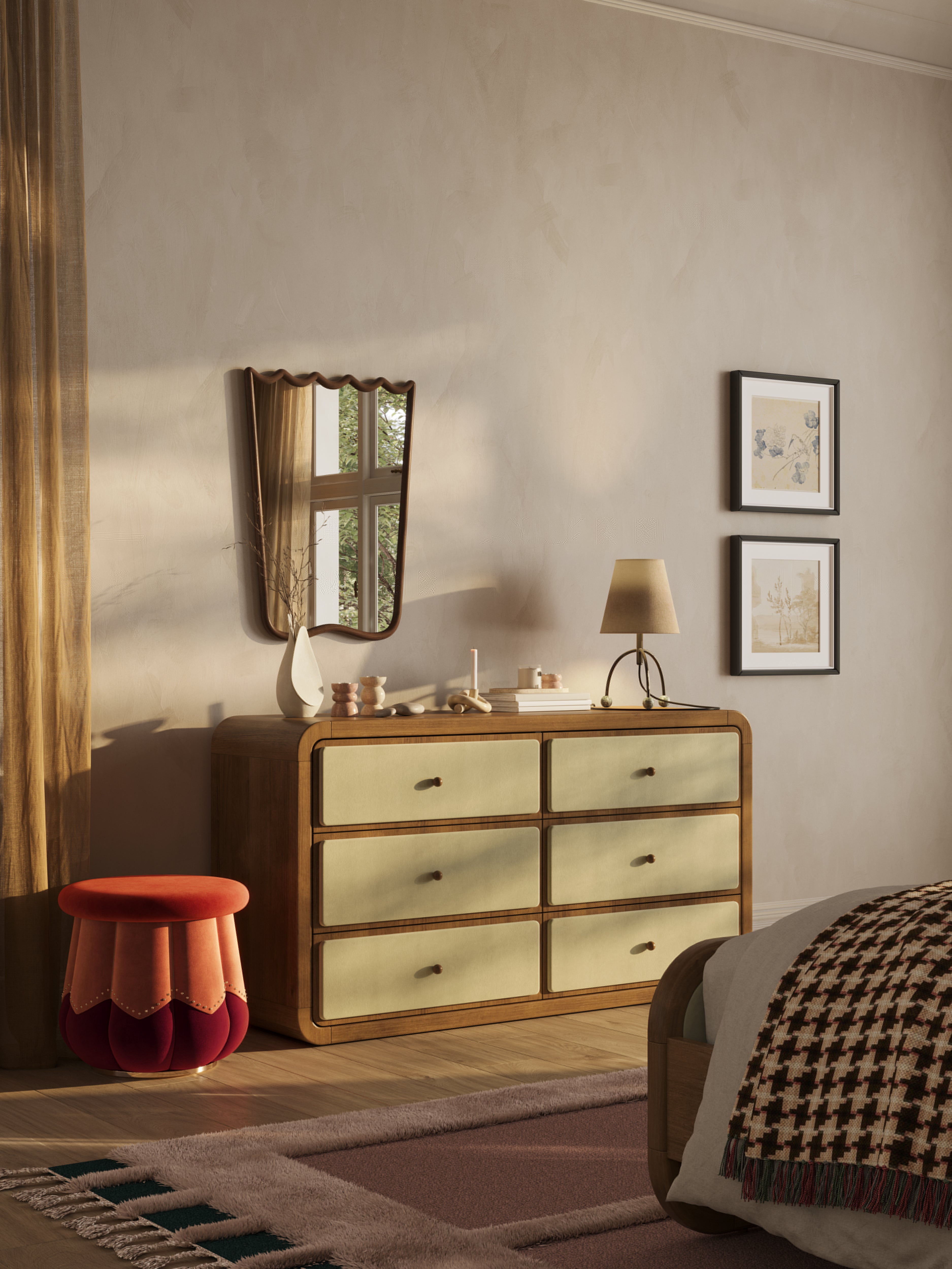 The Valencia Dresser with velvet upholstery and curved wood frame – mid-century modern design by Home on Center