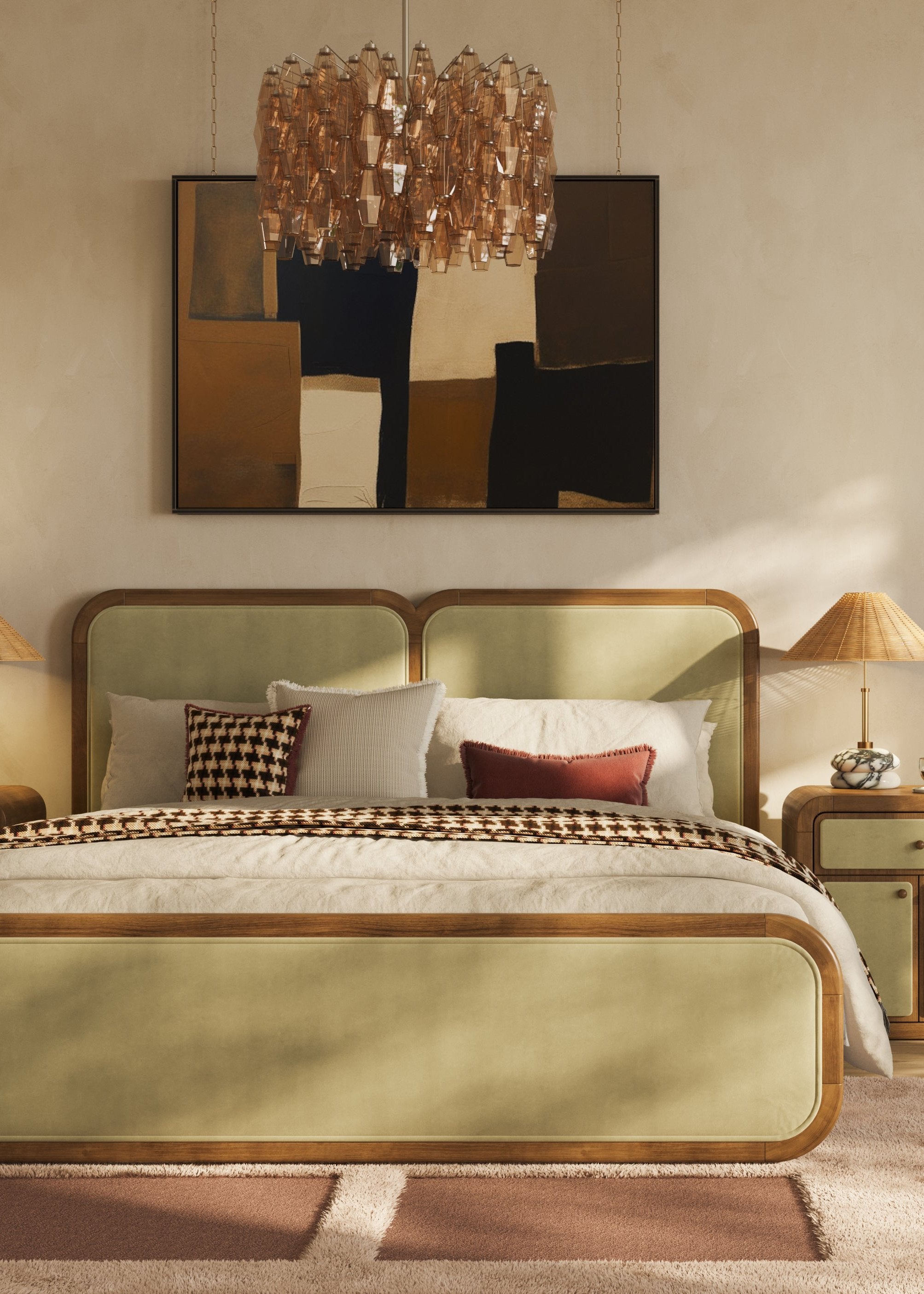 Valencia Bed with velvet upholstery and minimalist wooden frame – mid-century design by Home on Center