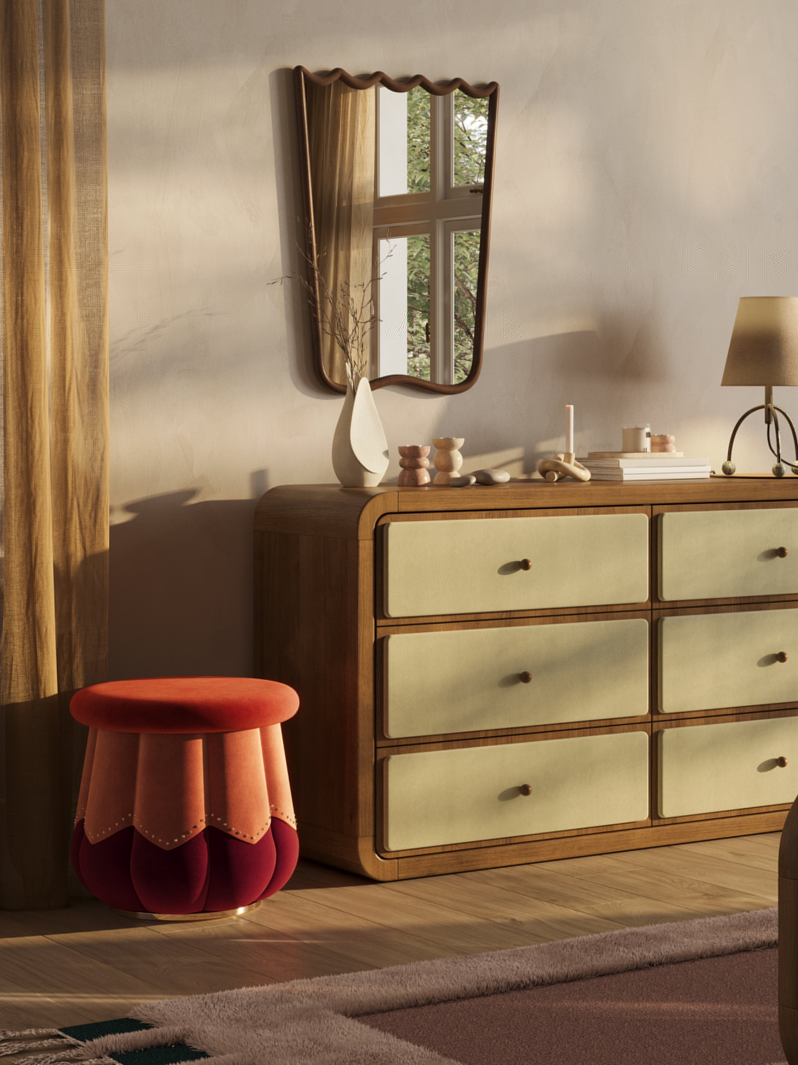 Tulip-inspired velvet ottoman with scalloped base and brass details