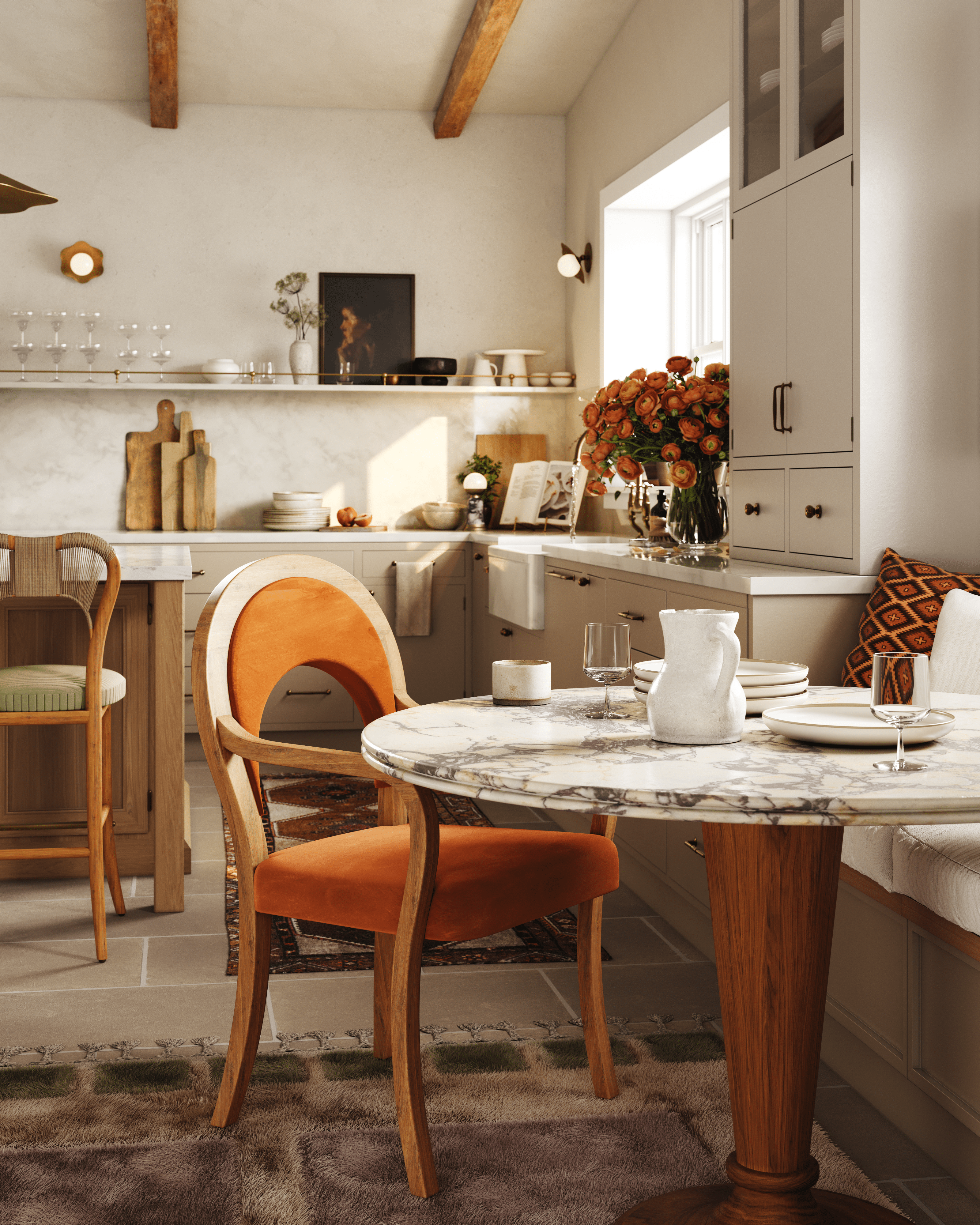 The Berry Table with round marble top and wooden pedestal base – modern design by Home on Center