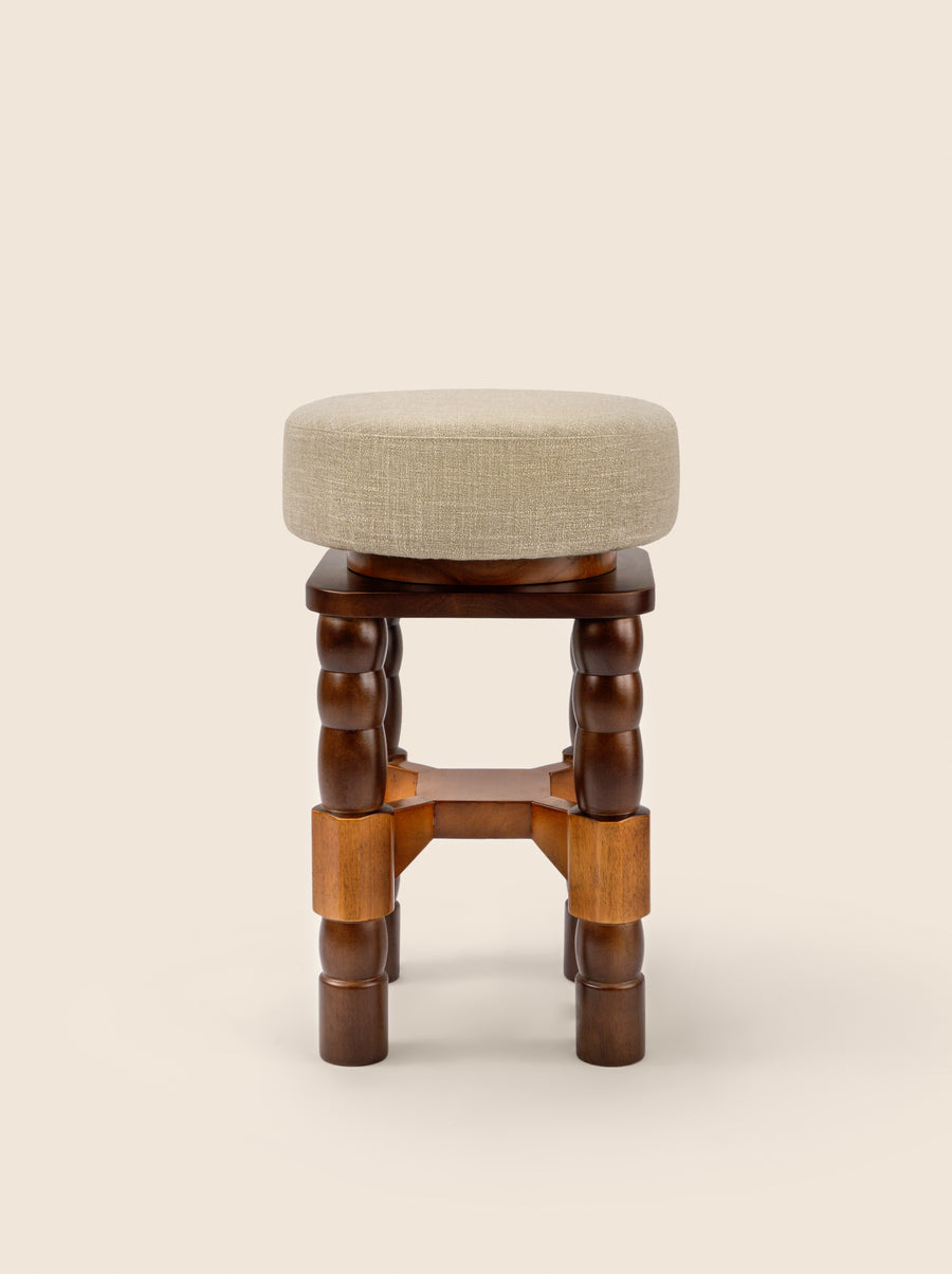 Geary Swivel Stool with turned oak legs and linen seat – artisanal design by Home on Center