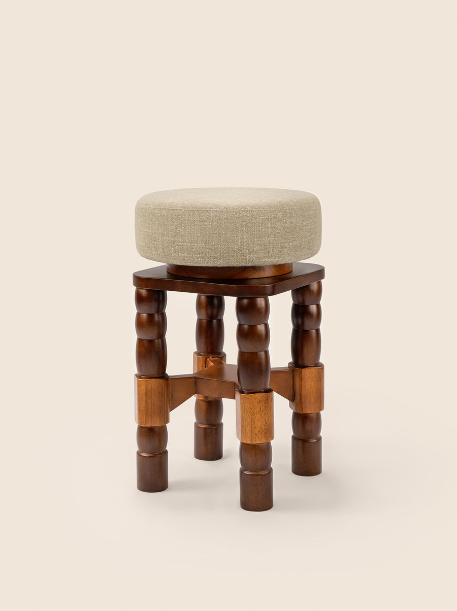 Geary Swivel Stool with turned oak legs and linen seat – artisanal design by Home on Center