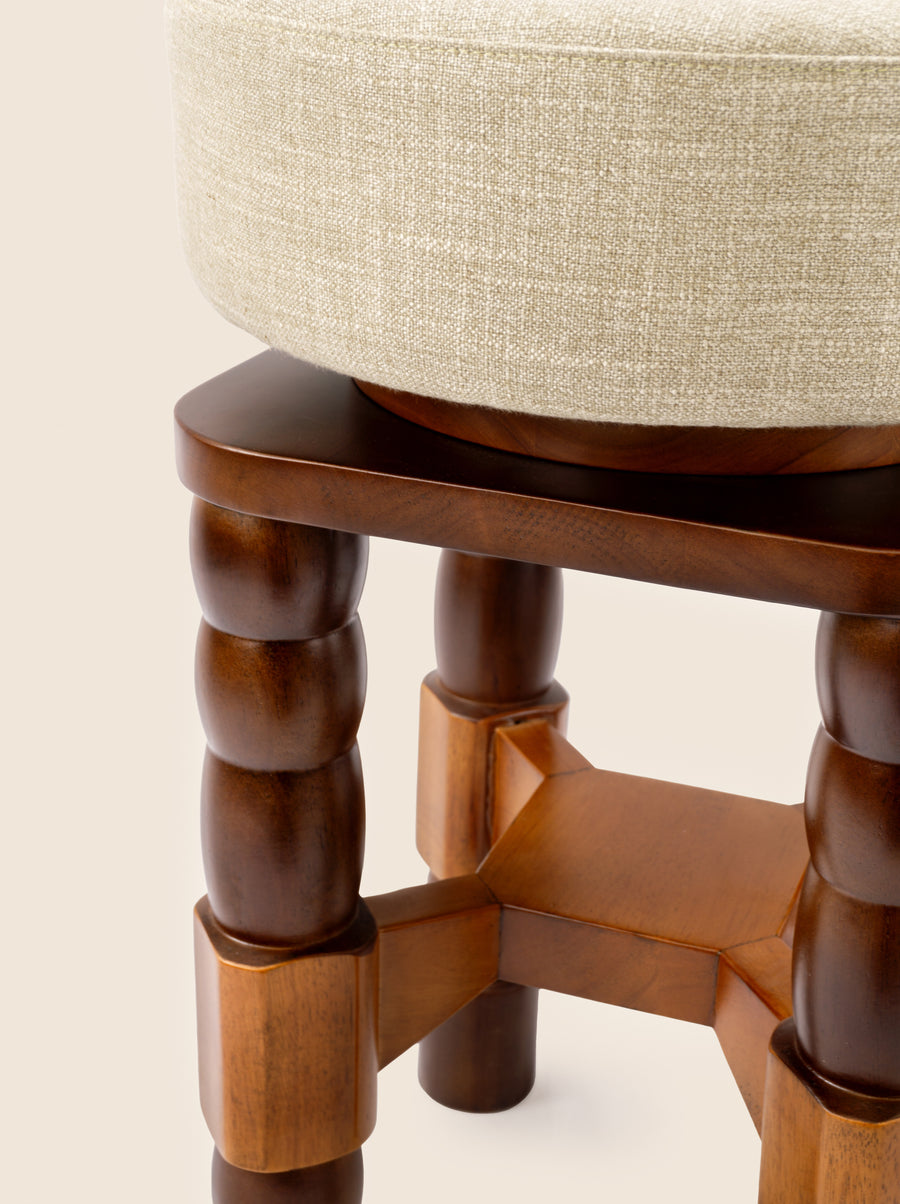 Geary Swivel Stool with turned oak legs and linen seat – artisanal design by Home on Center