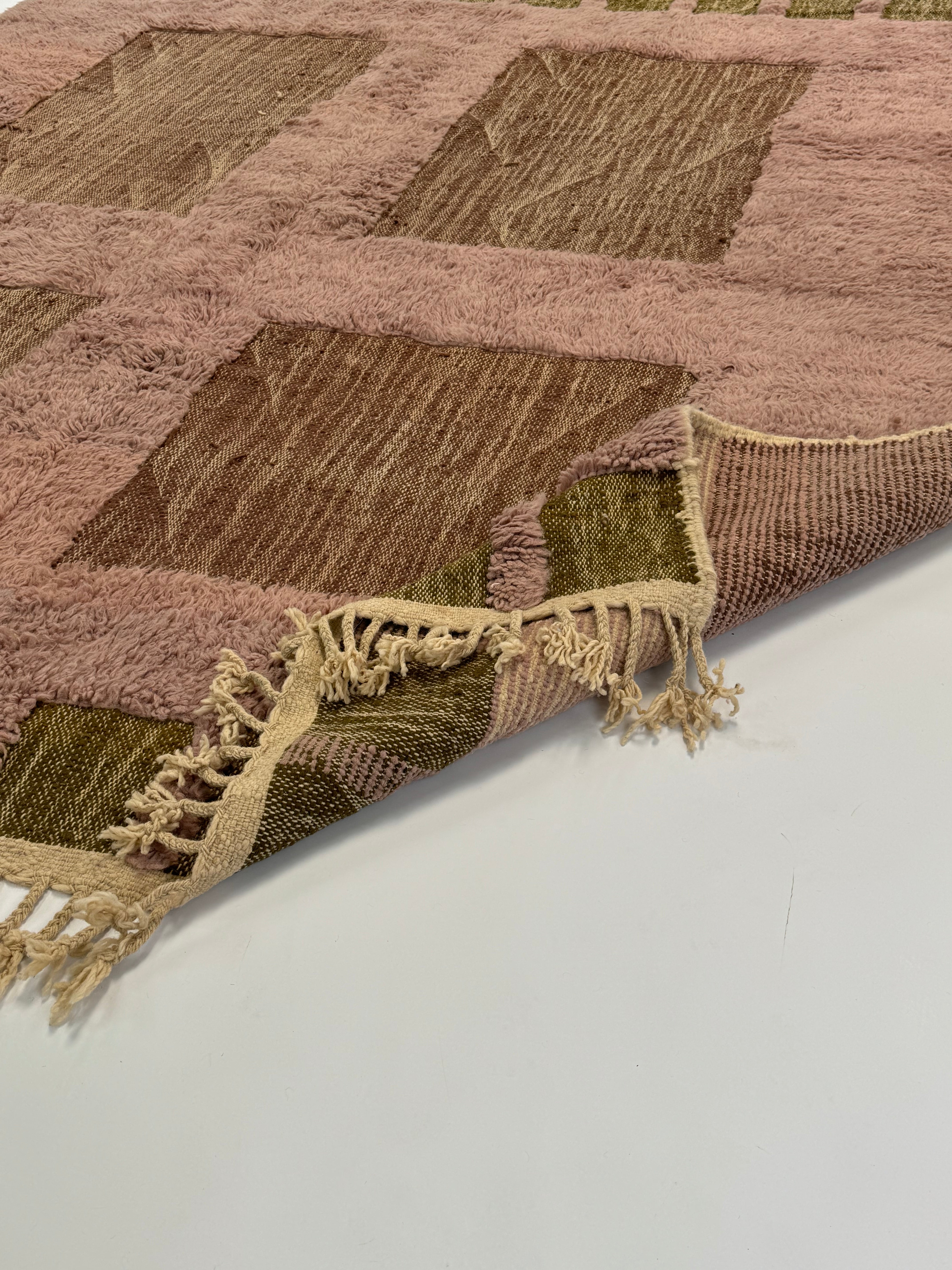 Moroccan hand-knotted rug with olive and clay geometric blocks – artisan craftsmanship by Home on Center