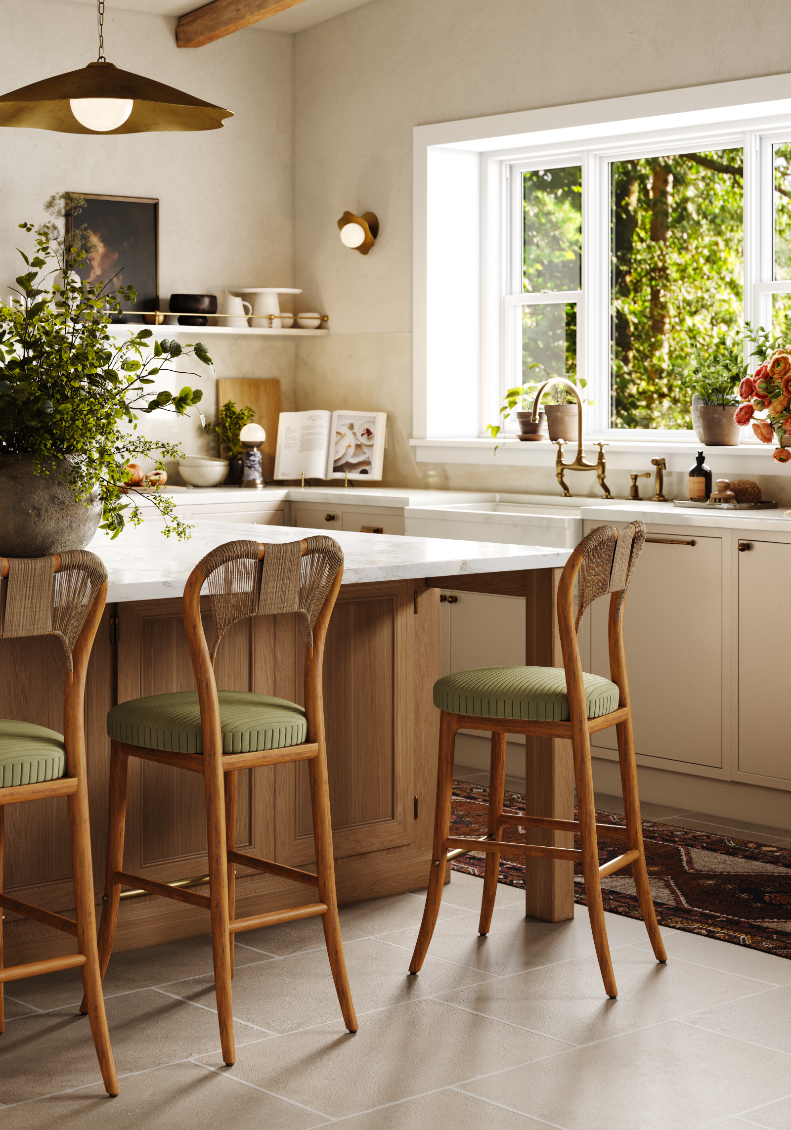 Taraval Counter Stool with handwoven backrest and sculptural wood legs – artisanal design by Home on Center