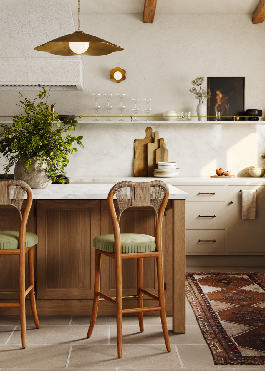 Taraval Counter Stool with handwoven backrest and sculptural wood legs – artisanal design by Home on Center