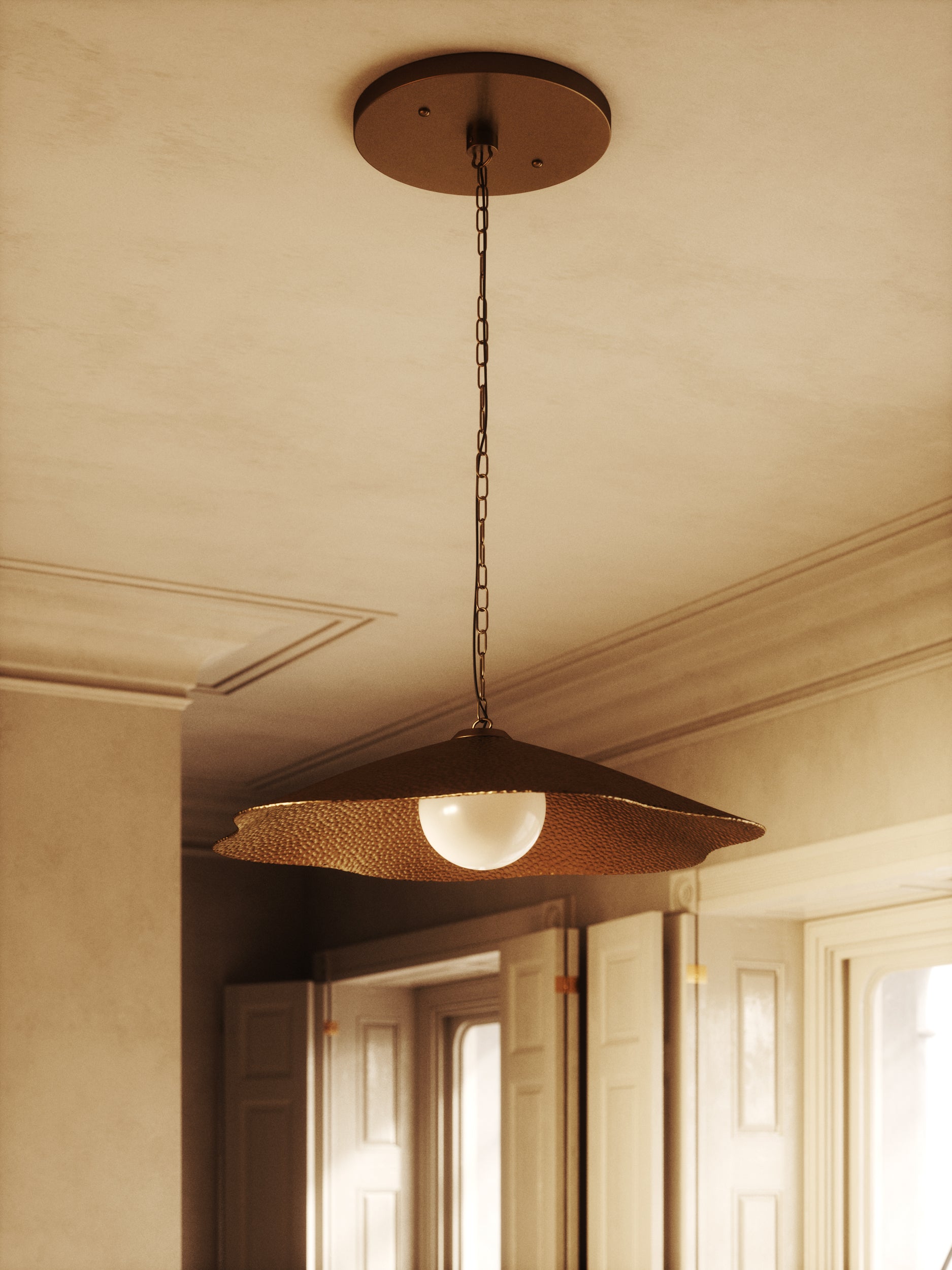 The Hayes Pendant Light with hammered metal shade and round diffuser – handcrafted California design by Home on Center