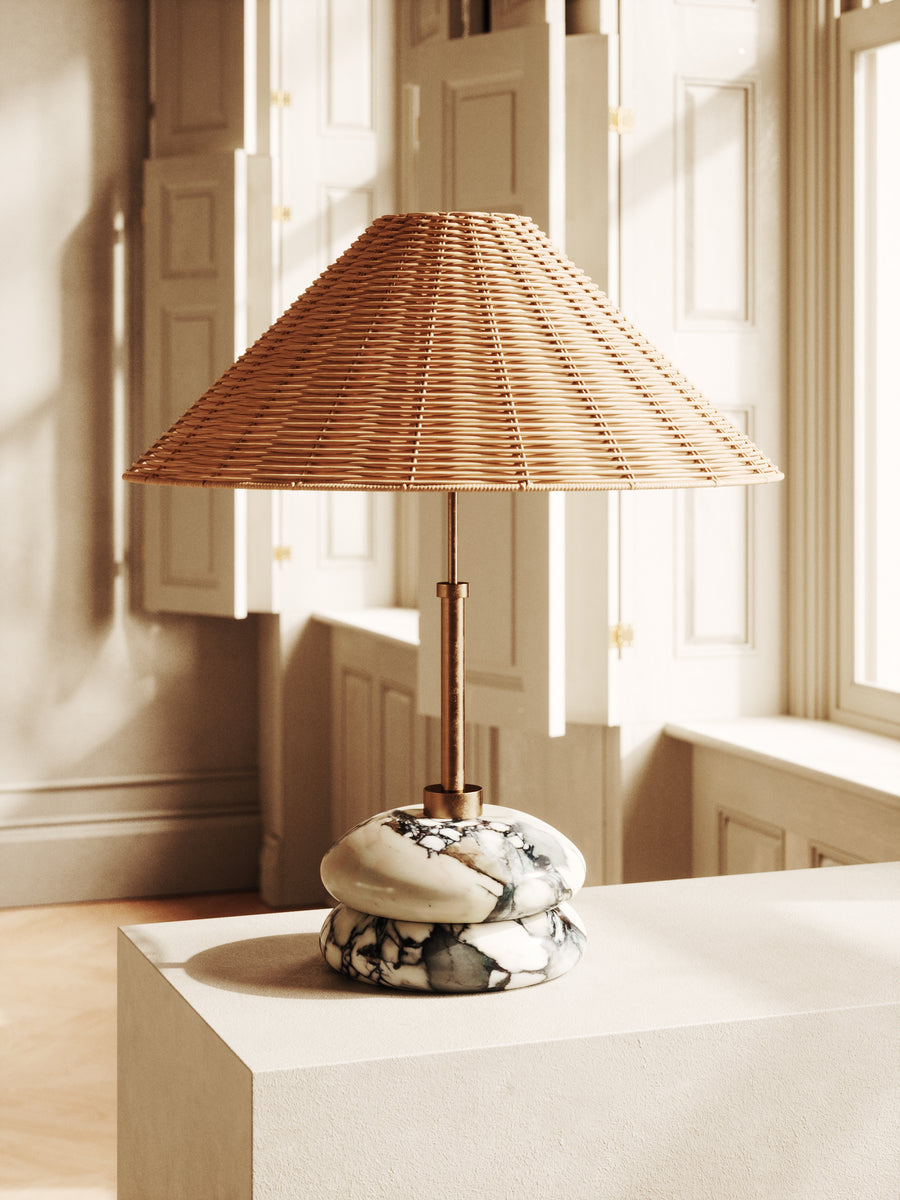 Marble and rattan table lamp with stacked stone base – sculptural and organic by Home on Center