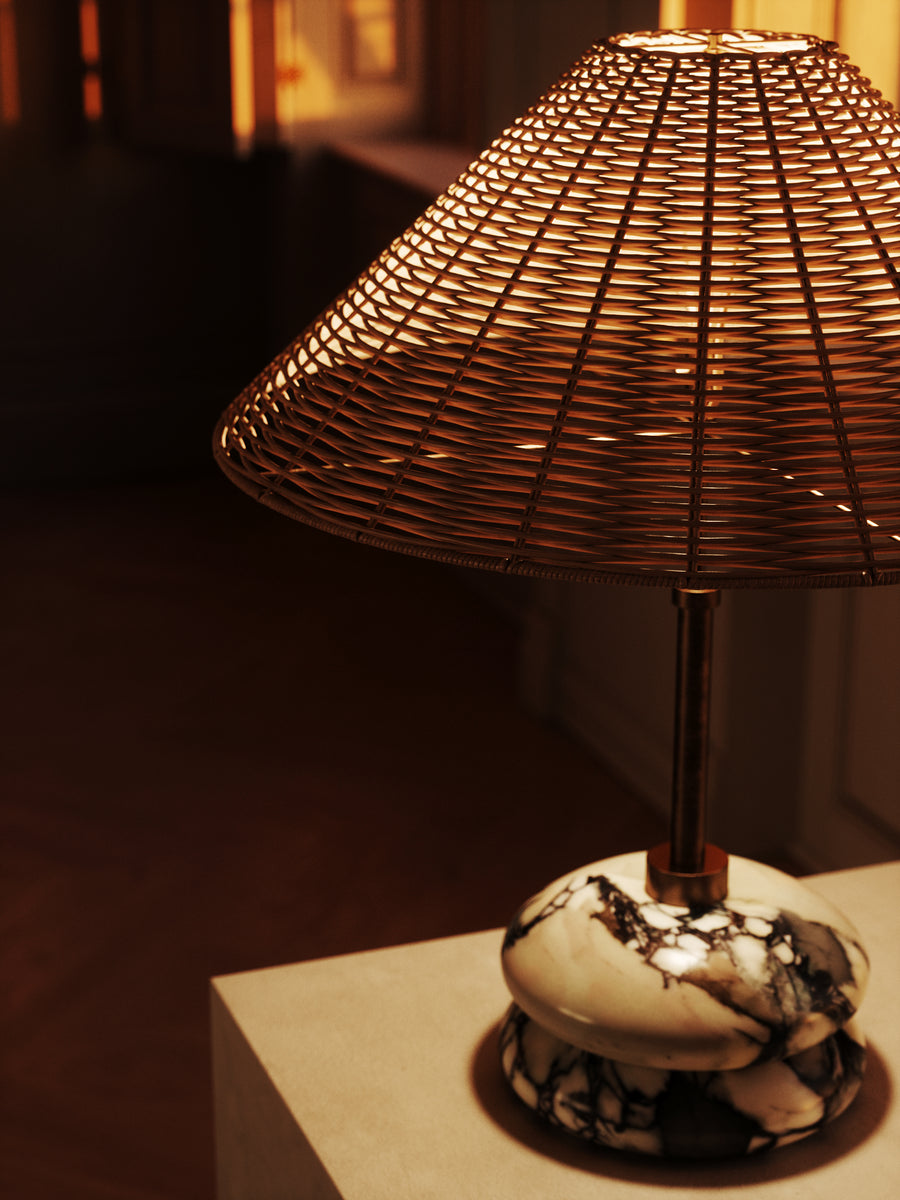 Marble and rattan table lamp with stacked stone base – sculptural and organic by Home on Center