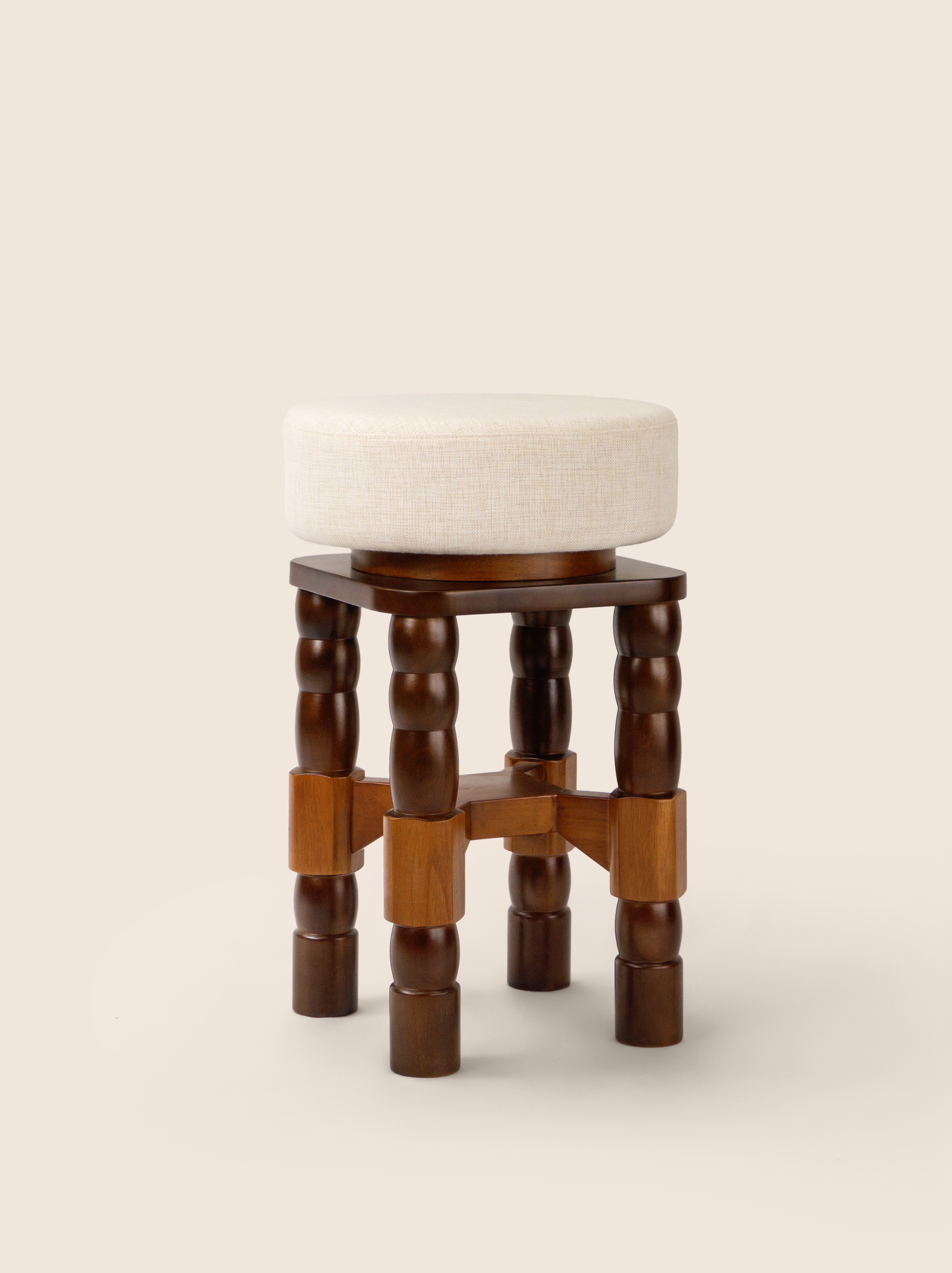 Geary Swivel Stool with turned oak legs and linen seat – artisanal design by Home on Center