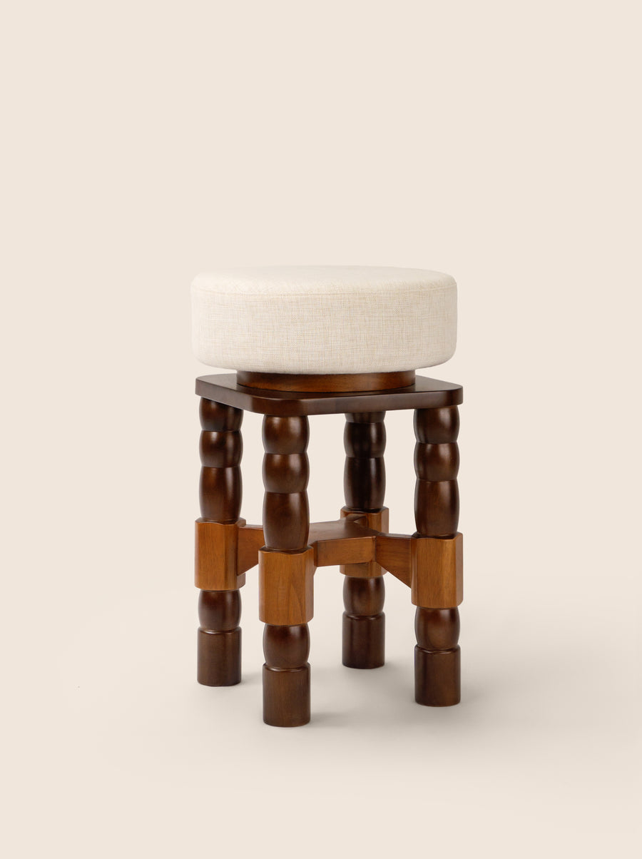 Geary Swivel Stool with turned oak legs and linen seat – artisanal design by Home on Center