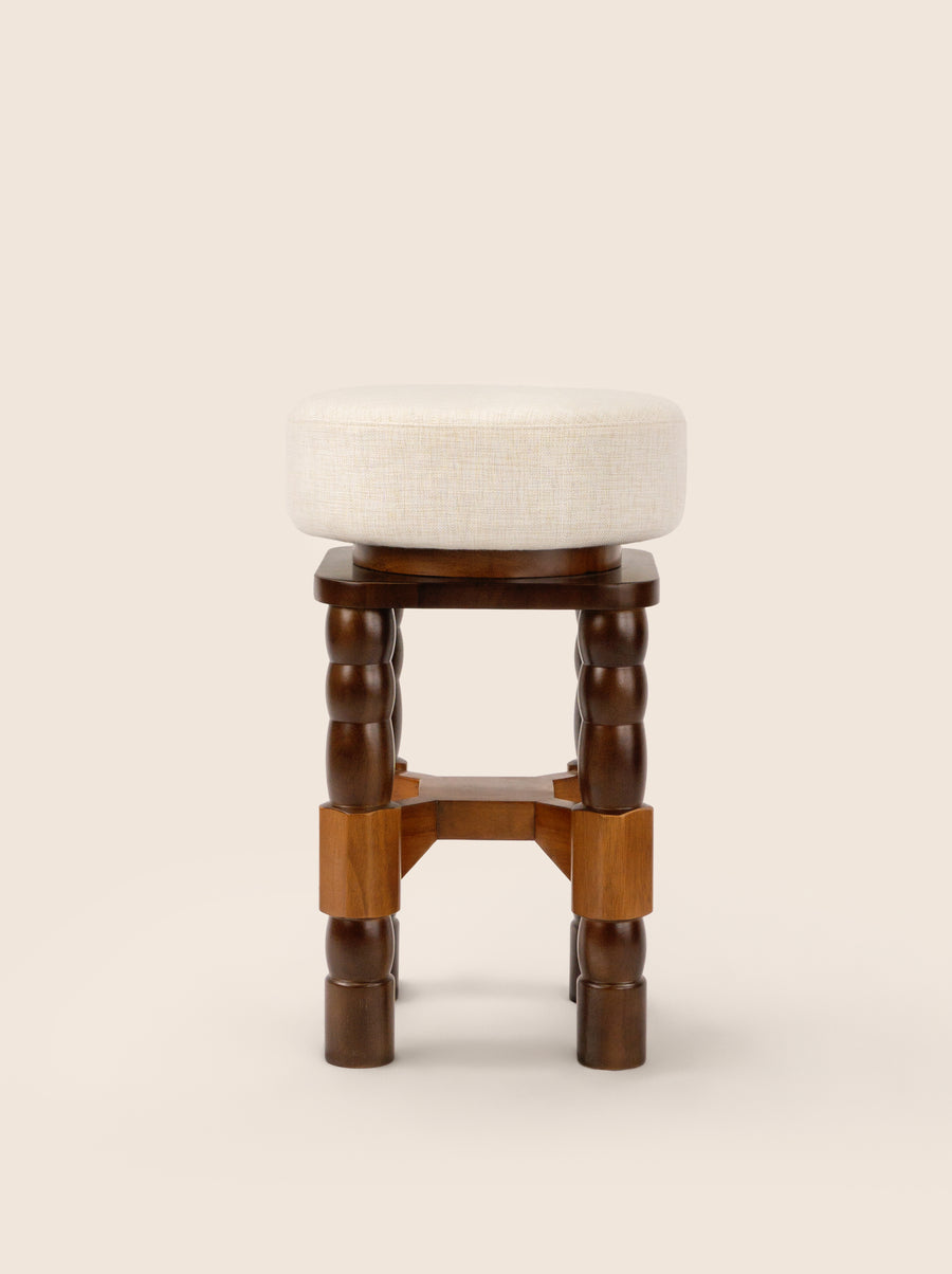 Geary Swivel Stool with turned oak legs and linen seat – artisanal design by Home on Center