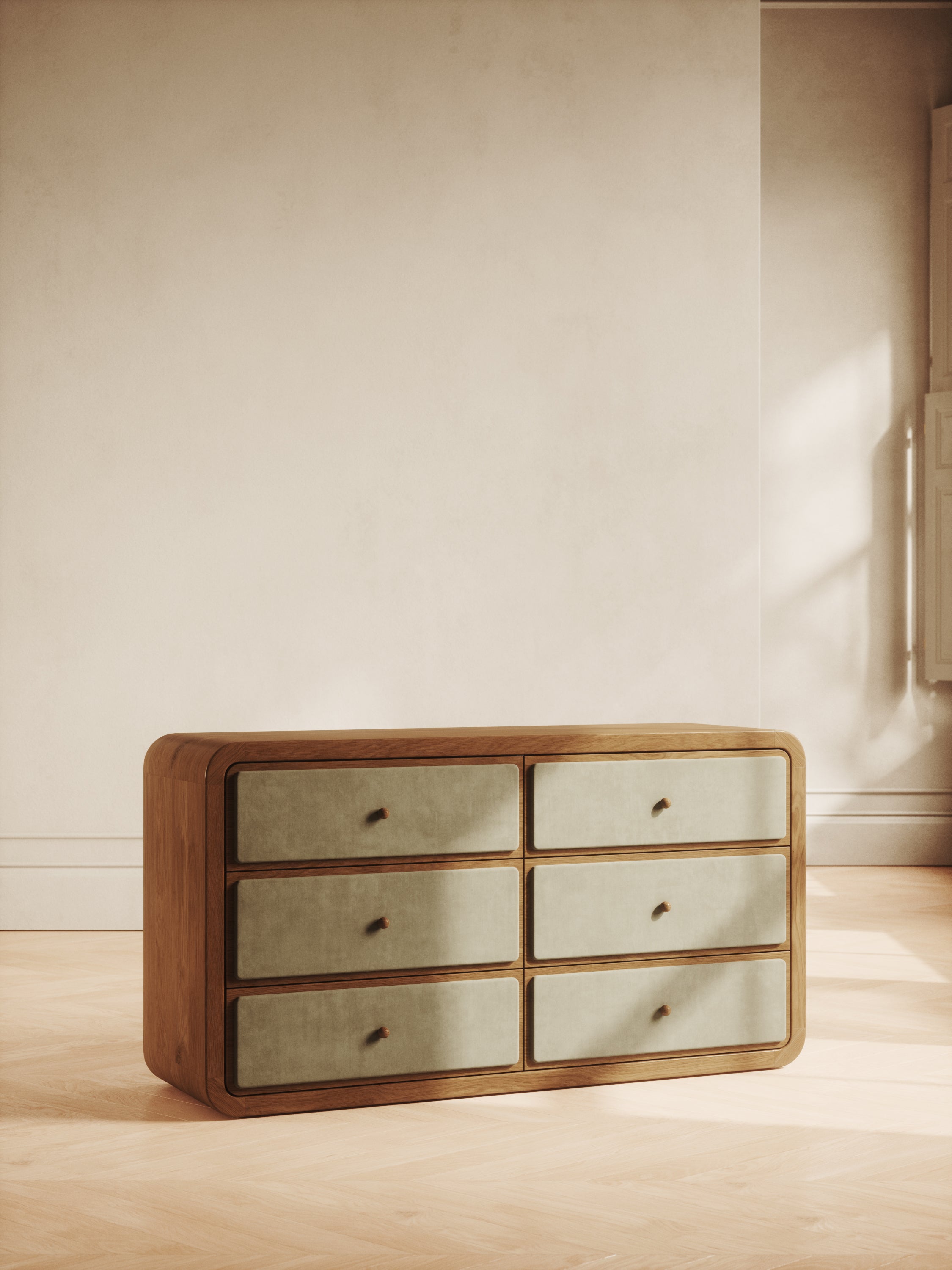 The Valencia Dresser with velvet upholstery and curved wood frame – mid-century modern design by Home on Center