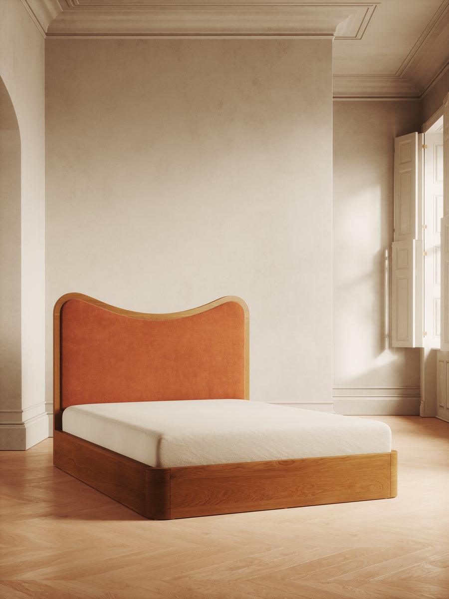 Arguello Bed with oak headboard and velvet upholstery – timeless design by Home on Center