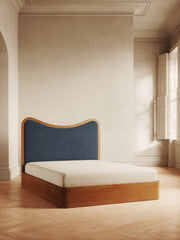 Arguello Bed with oak headboard and velvet upholstery – timeless design by Home on Center