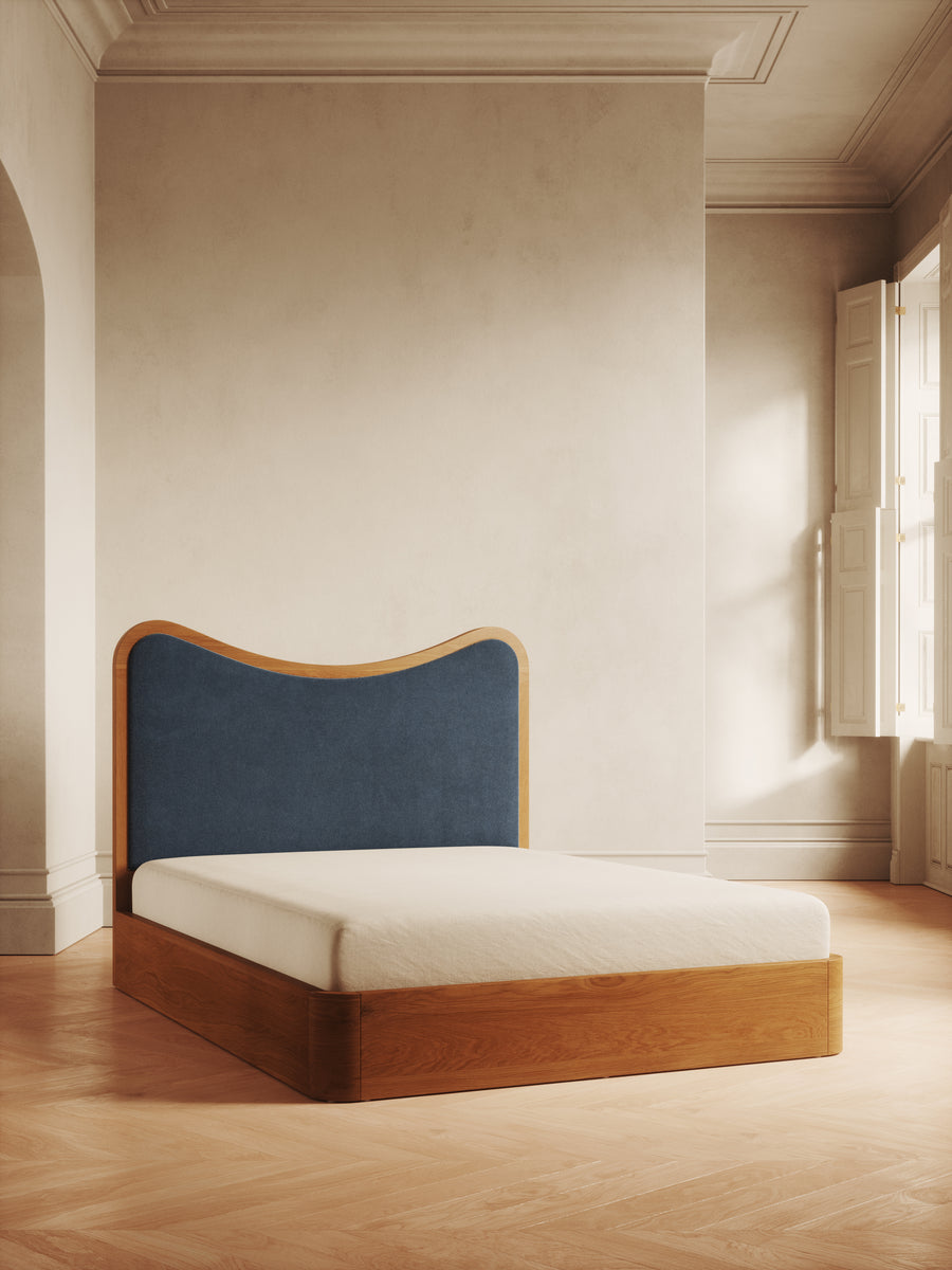 Arguello Bed with oak headboard and velvet upholstery – timeless design by Home on Center