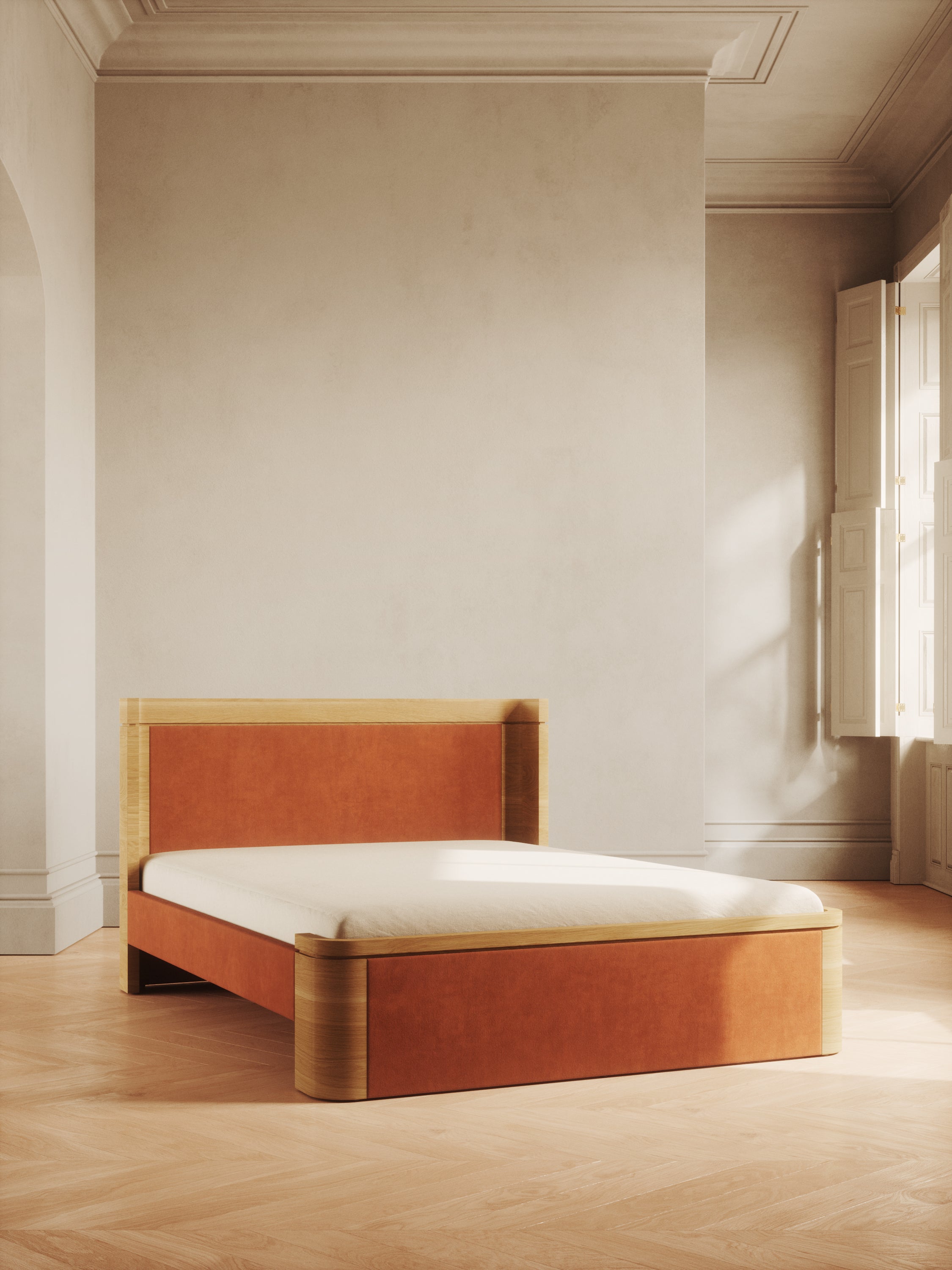 Balboa Bed with curved edges and velvet panels – minimalist design by Home on Center