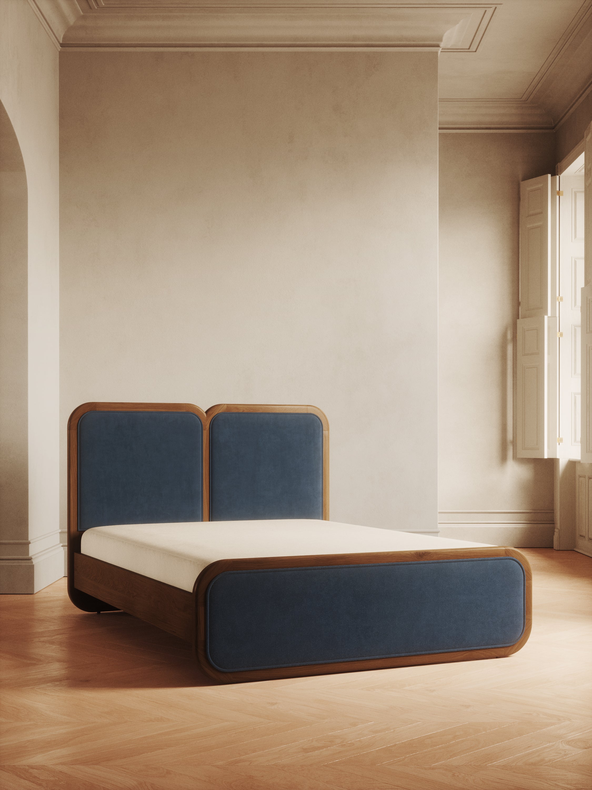 Valencia Bed with velvet upholstery and minimalist wooden frame – mid-century design by Home on Center