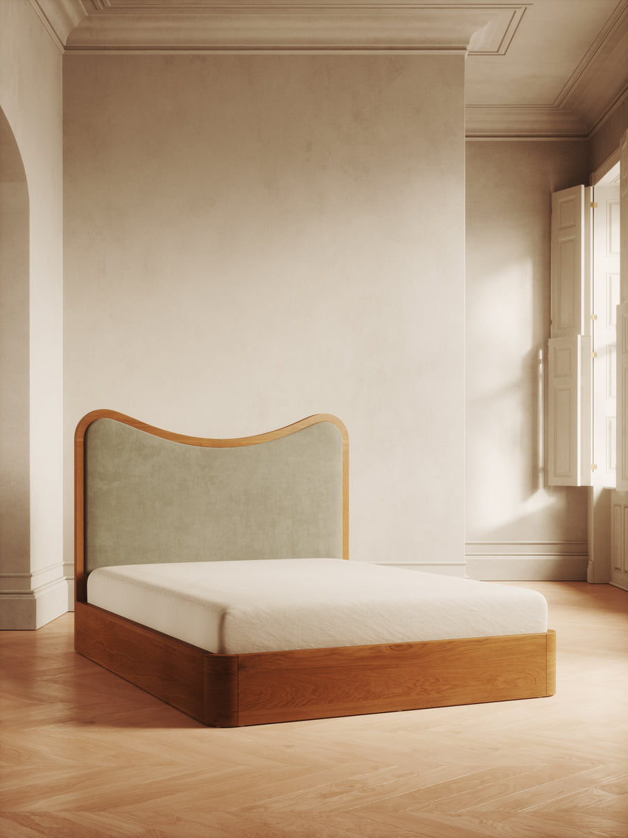 Arguello Bed with oak headboard and velvet upholstery – timeless design by Home on Center