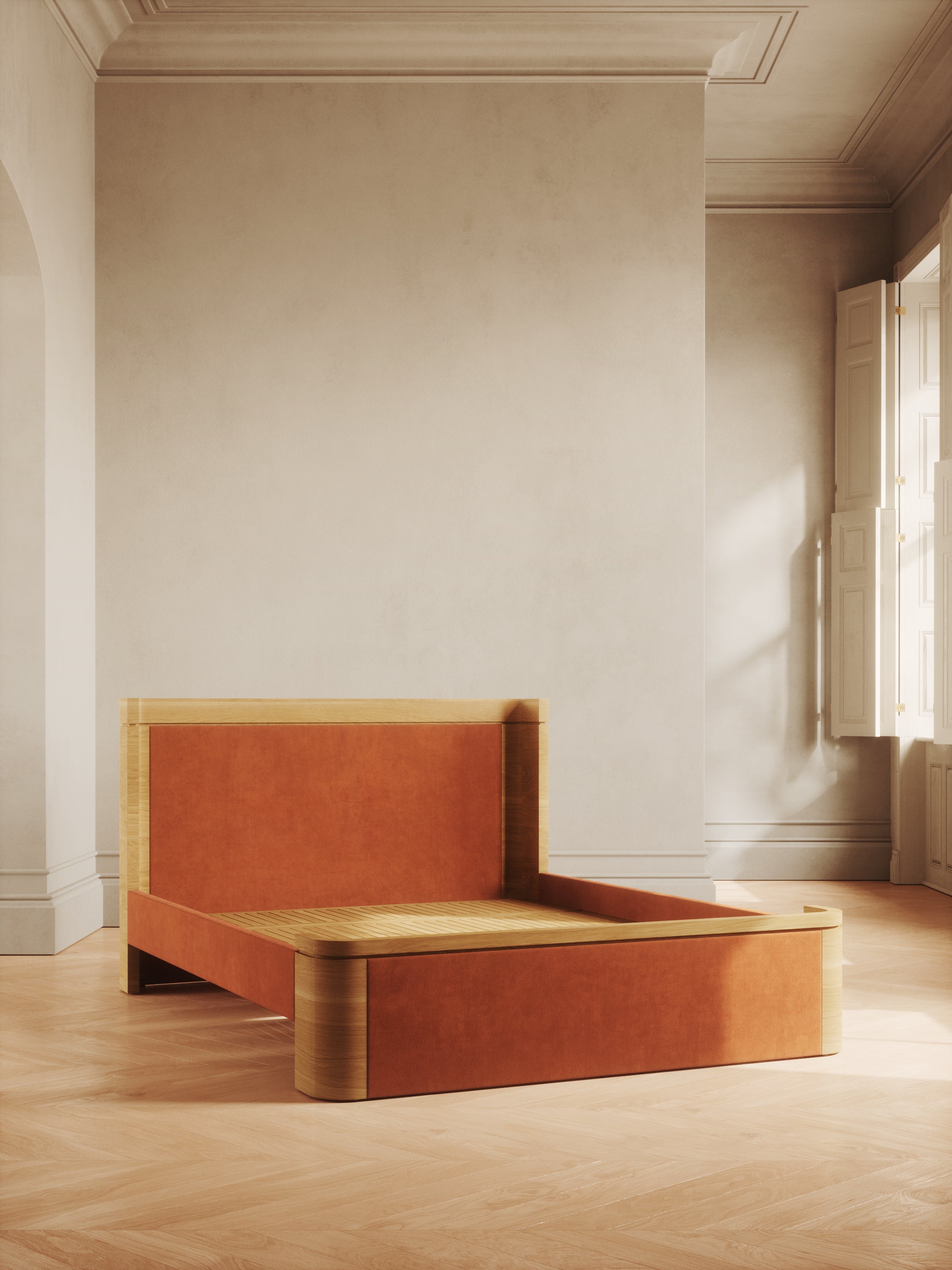 Balboa Bed with curved edges and velvet panels – minimalist design by Home on Center