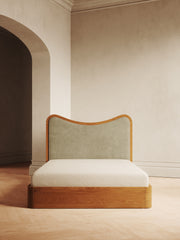 Arguello Bed with oak headboard and velvet upholstery – timeless design by Home on Center