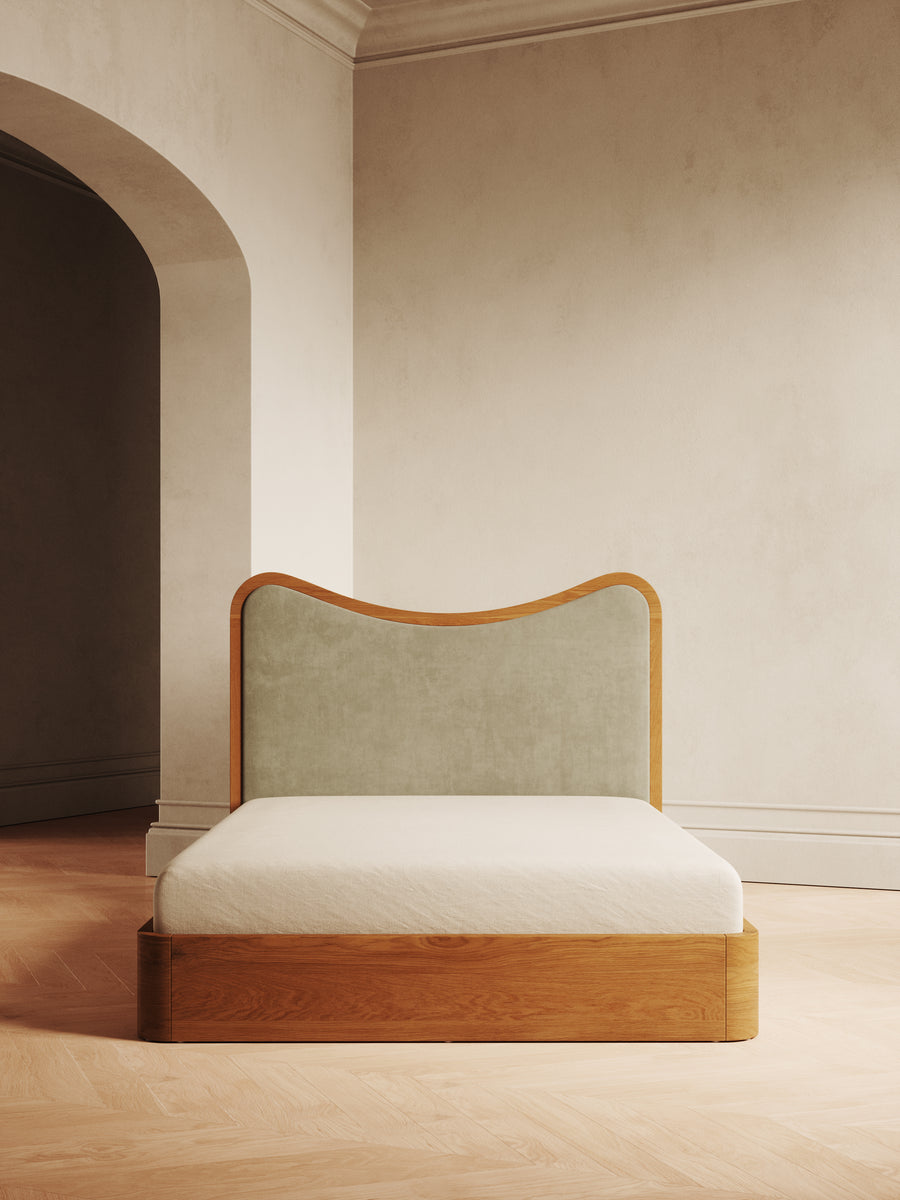 Arguello Bed with oak headboard and velvet upholstery – timeless design by Home on Center