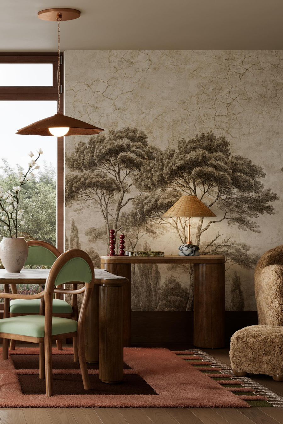 Dining room with wooden table and chairs, large windows, and decorative wall art.
