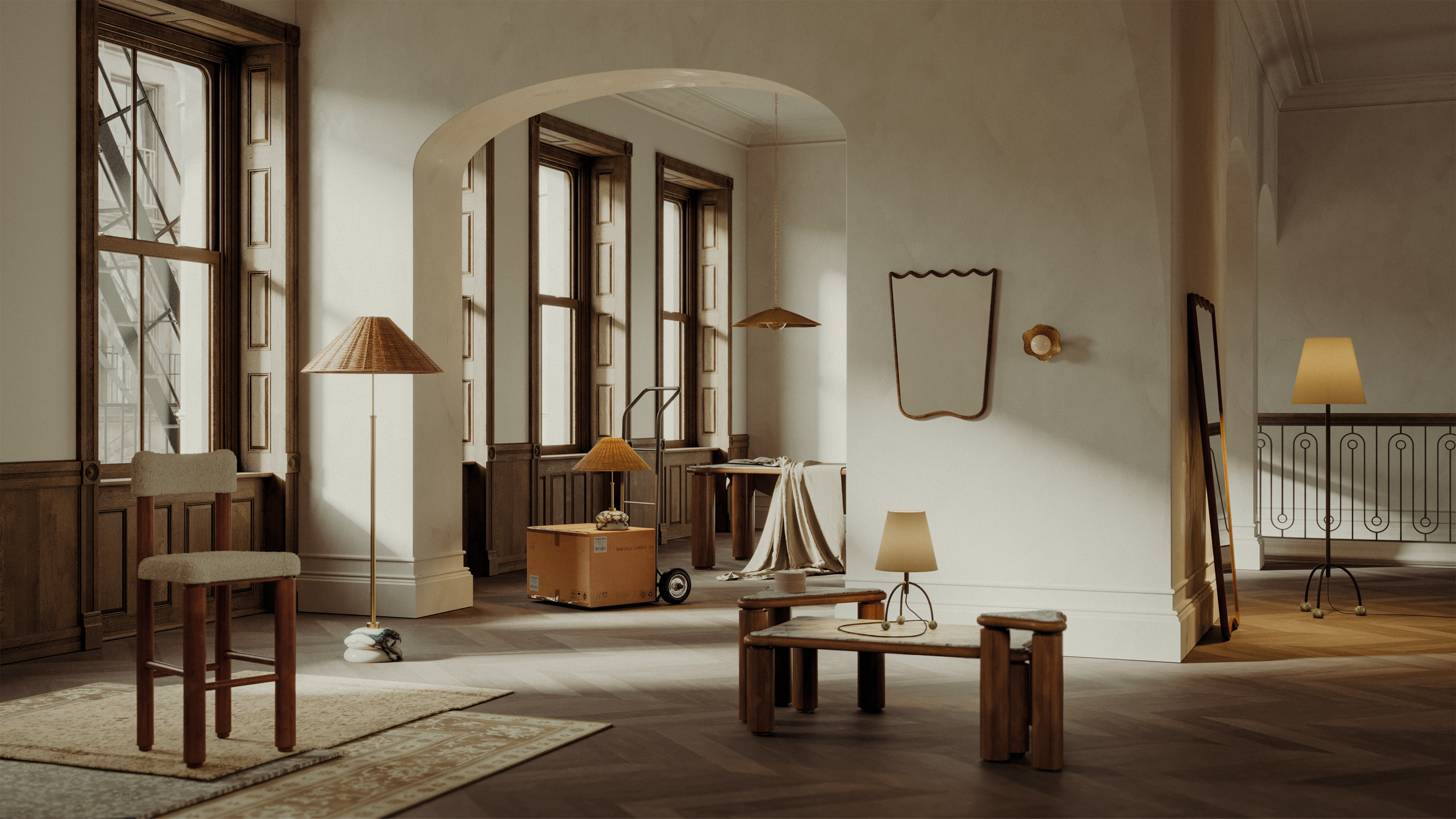 Warehouse with large selection of Home On Center lighting, table and seating collection. 