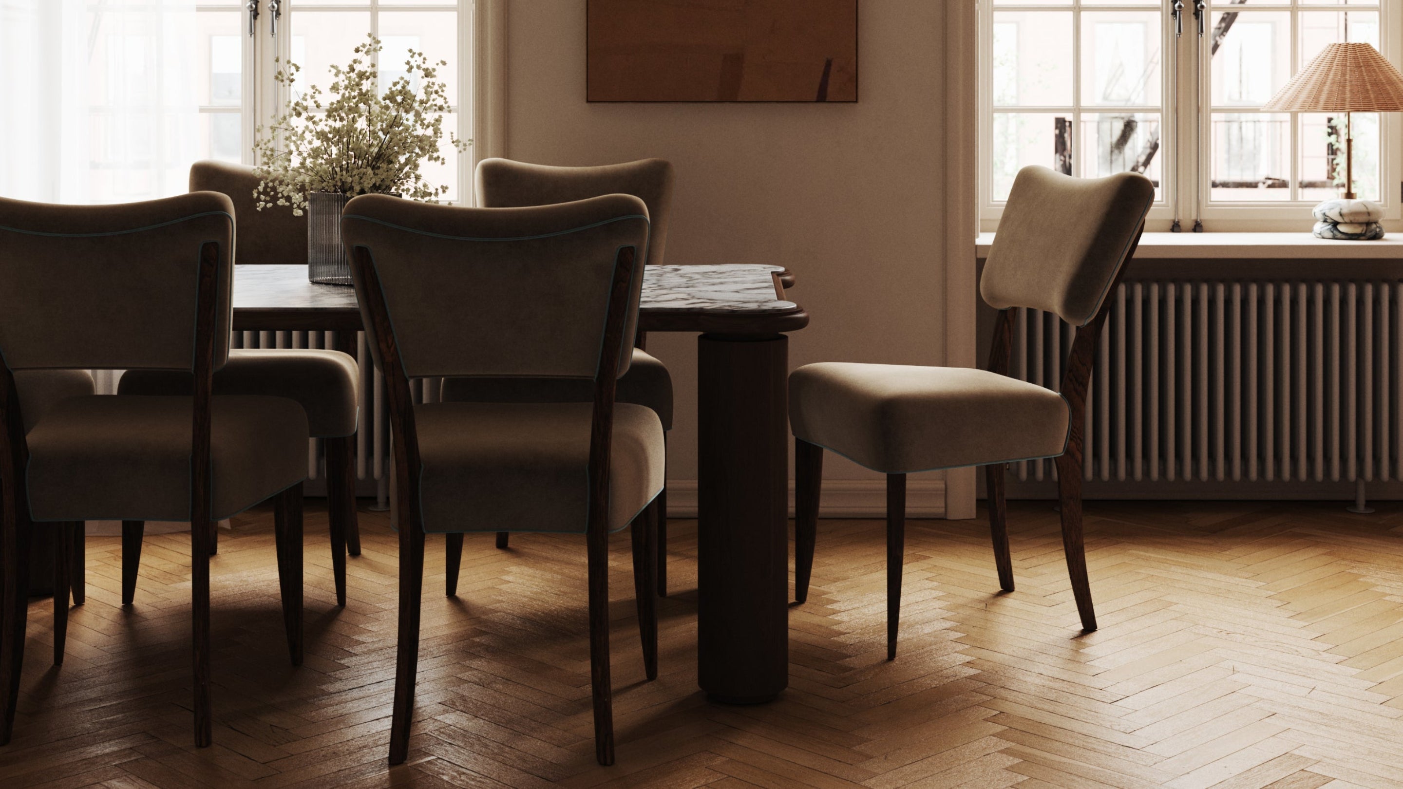Dining room with wooden table and chairs in a well-lit room.