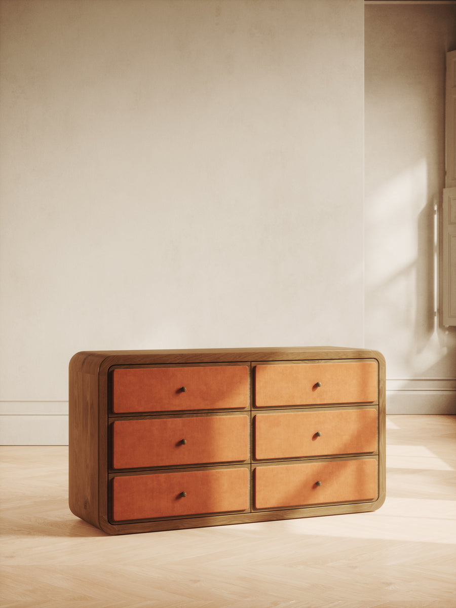 The Valencia Dresser with velvet upholstery and curved wood frame – mid-century modern design by Home on Center