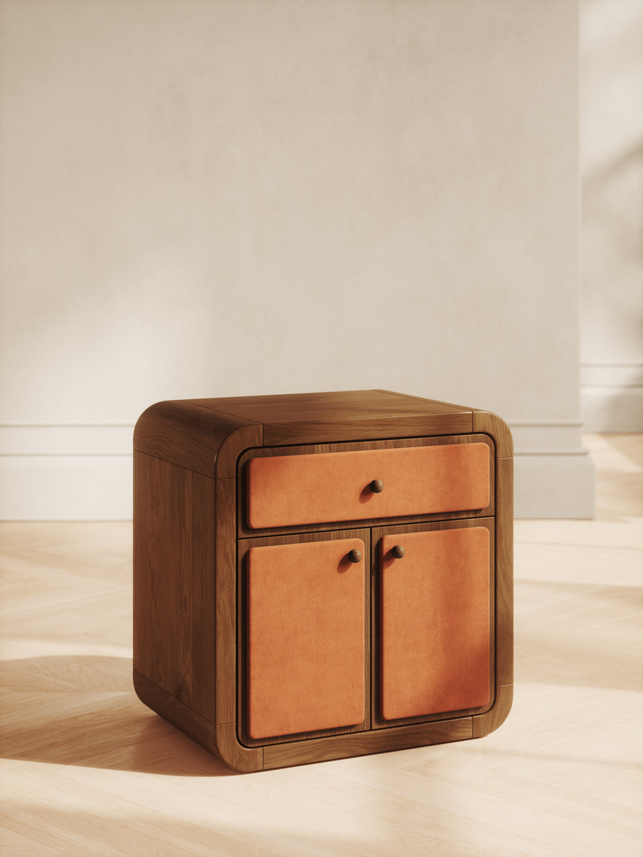 Mid-century wood nightstand with velvet drawers and rounded edges